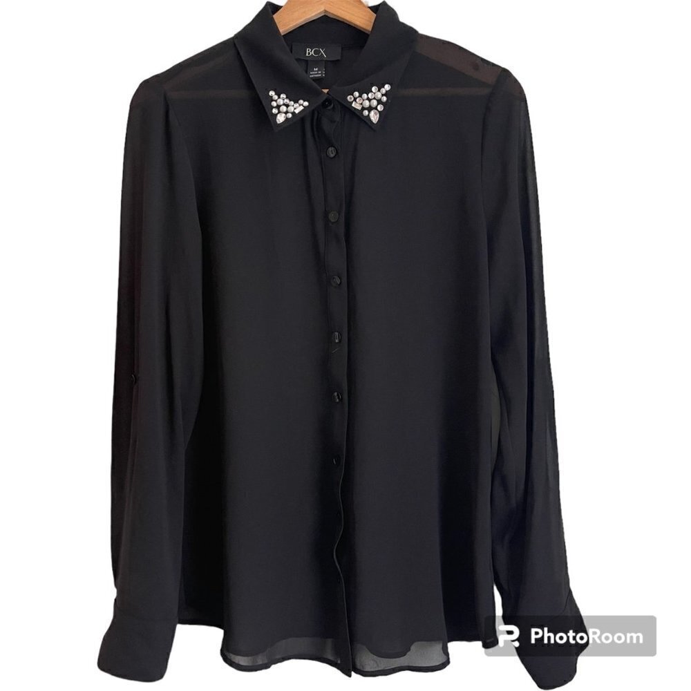 BCX Sheer Button Up Blouse Women's Size M Roll Tab Button Sleeves Embellished Co